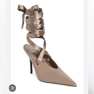 Jeffrey Campbell Satin Lace-Up Heels in Taupe